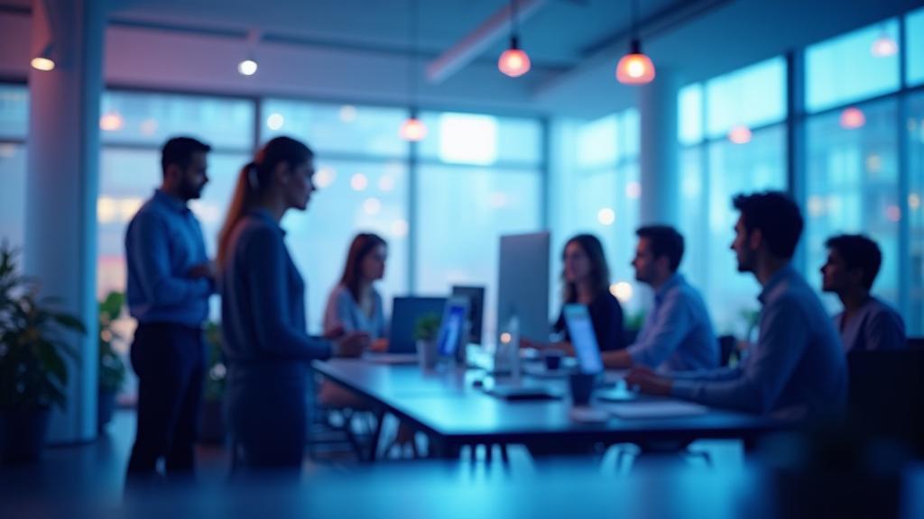Modern digital office environment with diverse professionals collaborating
