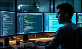 Software developer working on multiple screens